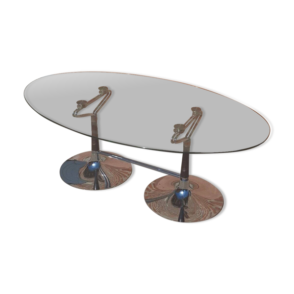 Table ovale Design années 70 – Verre, Chrome & Noyer