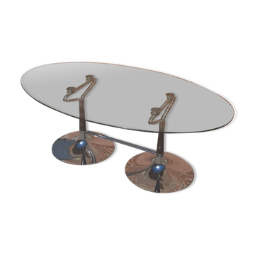 Oval table 70s design – Glass, Chrome & Walnut