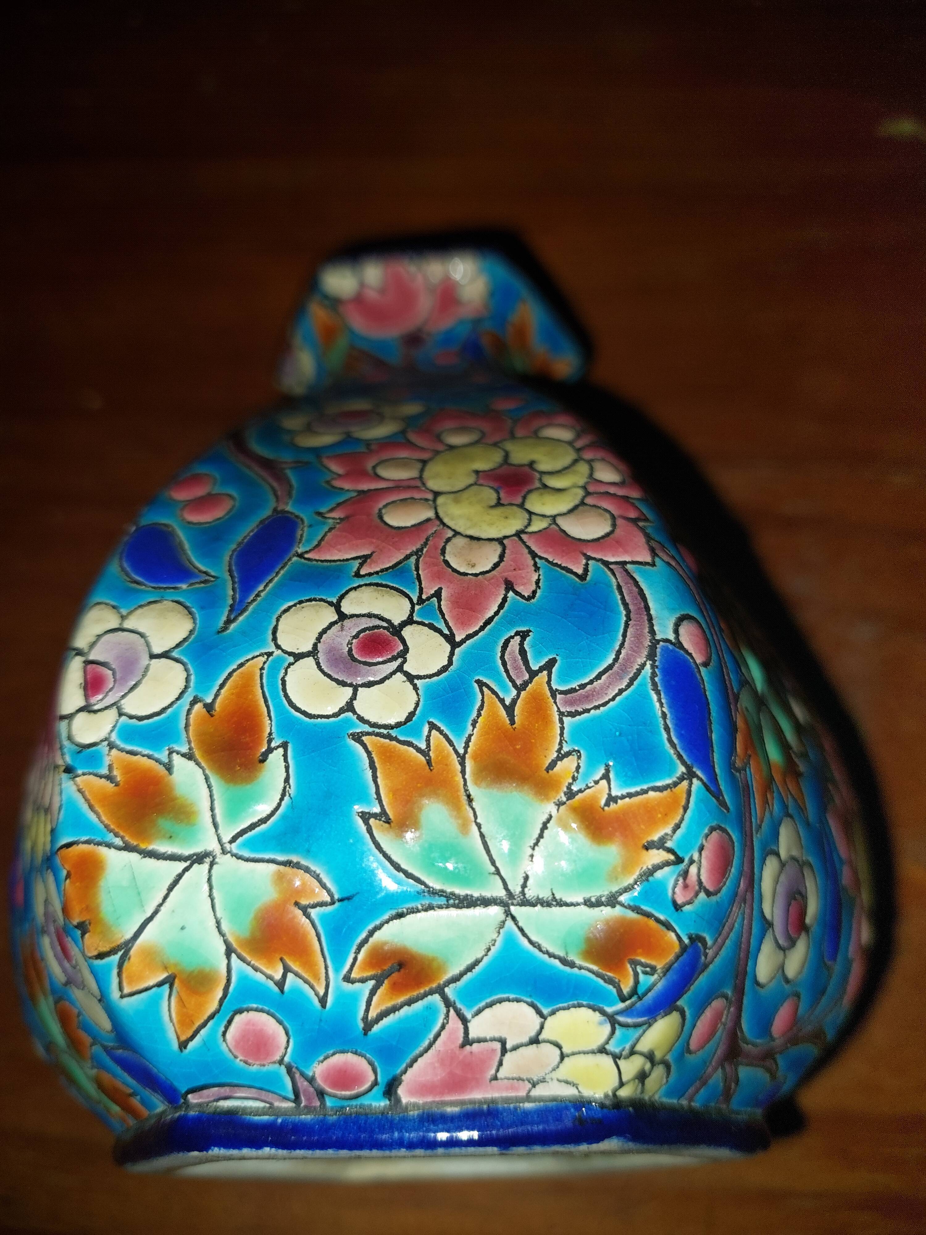 Hand-decorated Longwy enamel vase no. D.5670