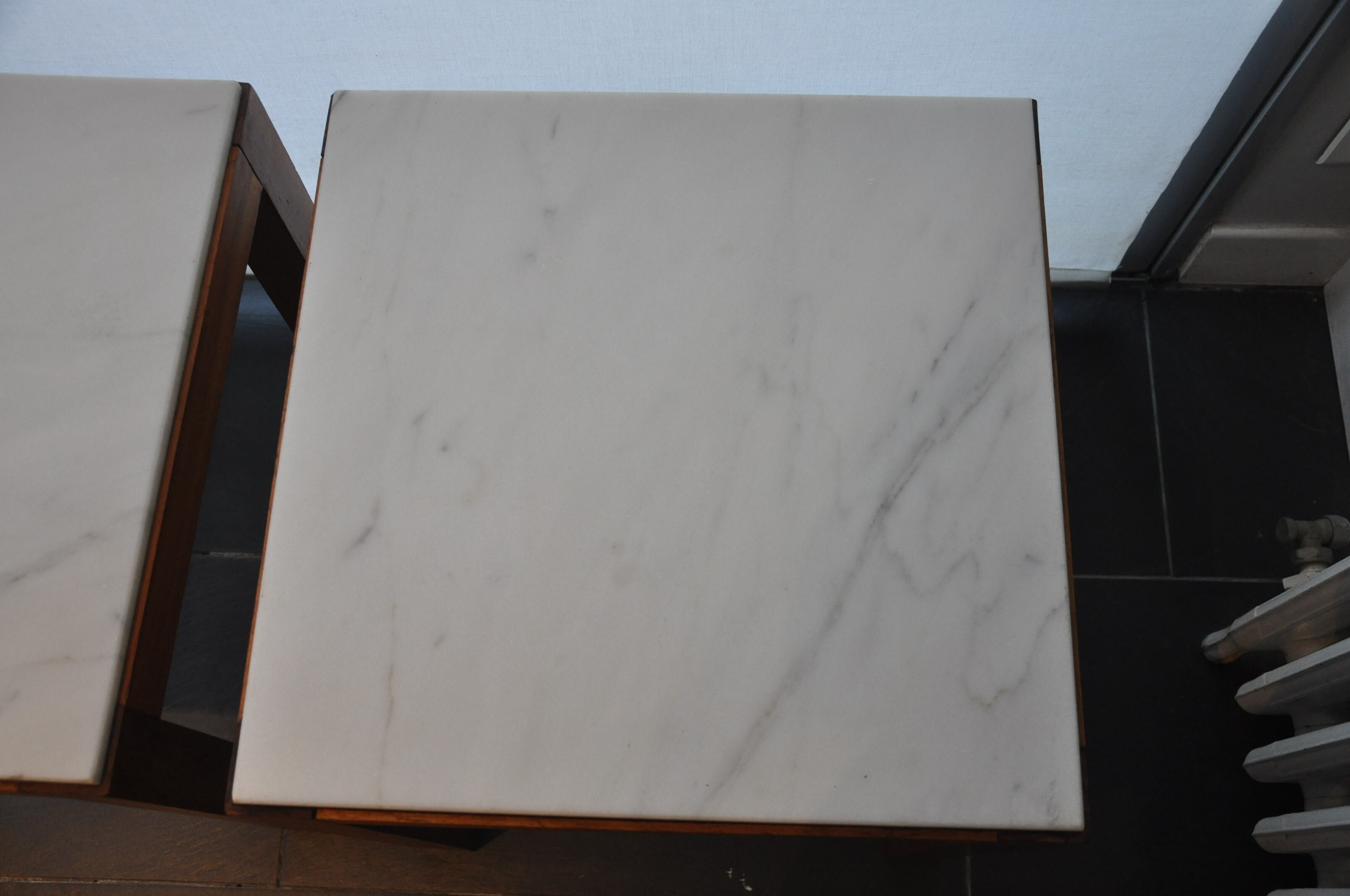 Pair of wooden and marble side tables