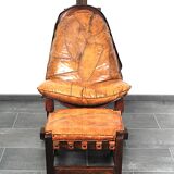 Brutalist oak lounge chair and ottoman, 1970s, set of 2