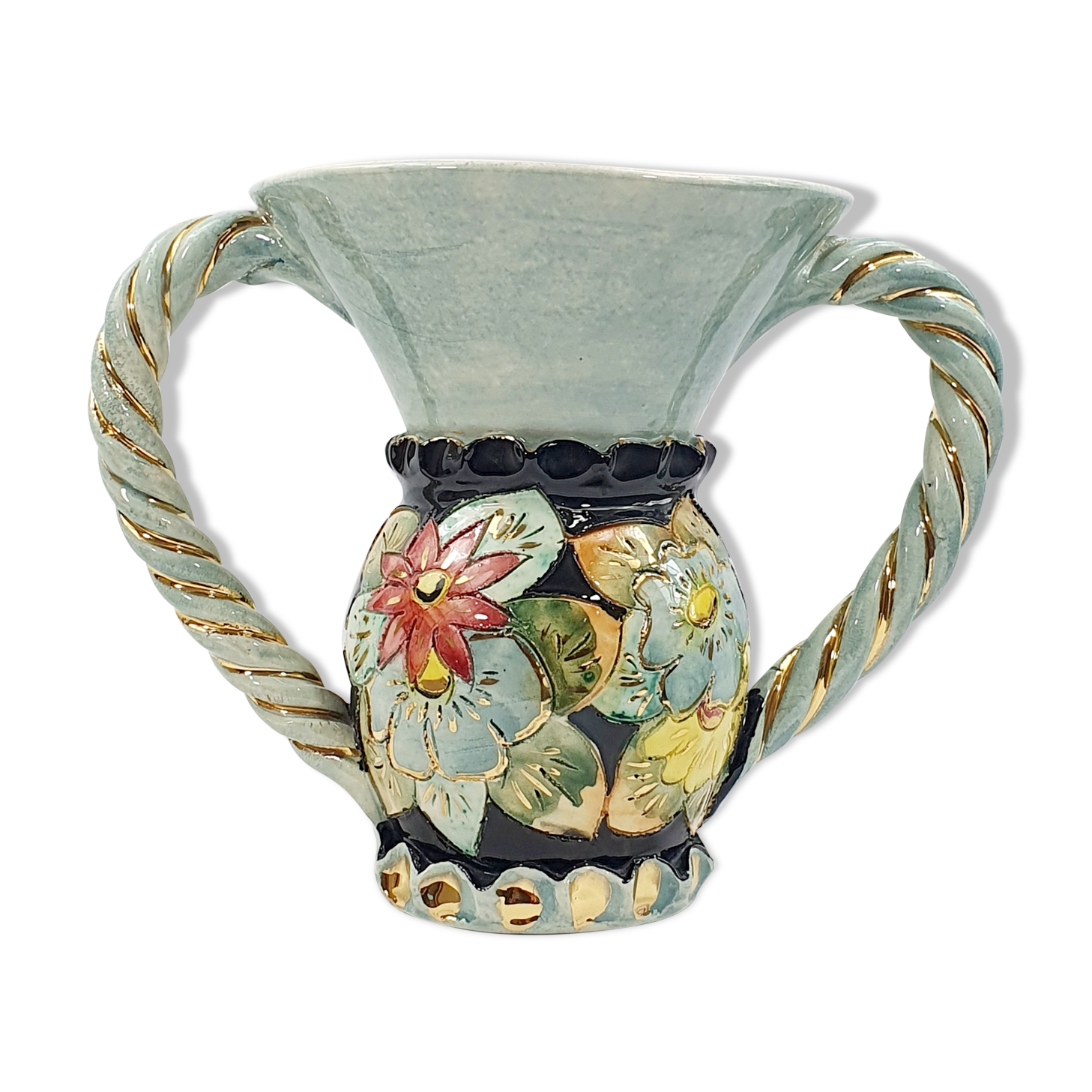 Vase Vallauris années 50 polychrome anses torsadées doré or fin