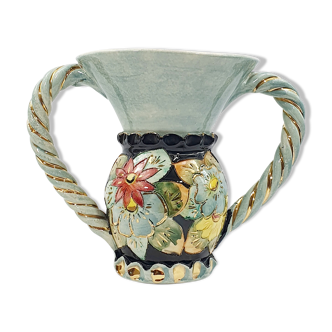Sumptuous vase Vallauris 50s TBE polychrome twisted handles gilded gold fine gold