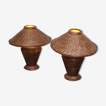 2 lampes de type coloniale bambou et osier