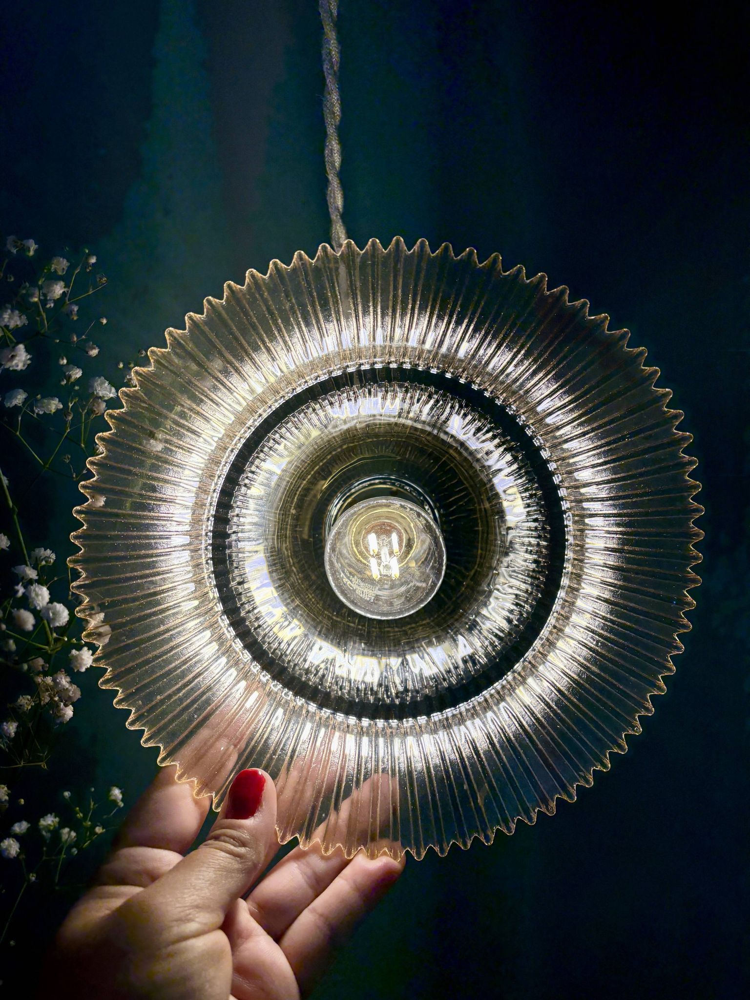 Vintage amber ribbed glass lampshade pendant light