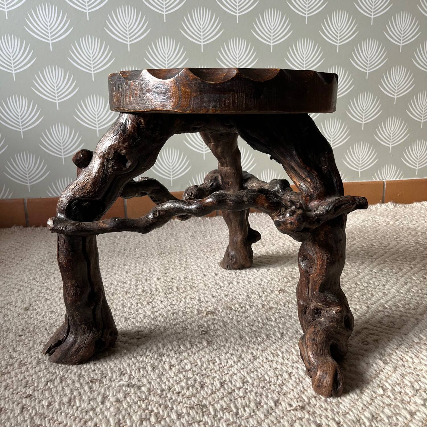 Brutalist tripod stool, vine legs, 1950s