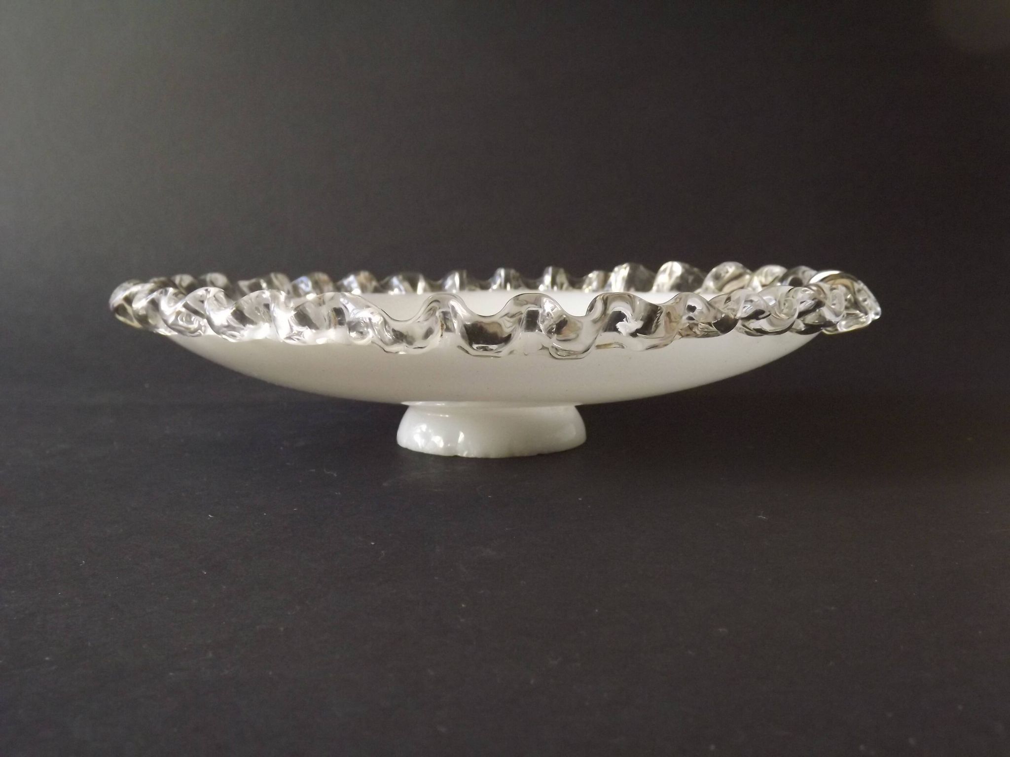 Vintage French Opaline Glass Pendant Light Shade - Frilled Clear Glass Edge