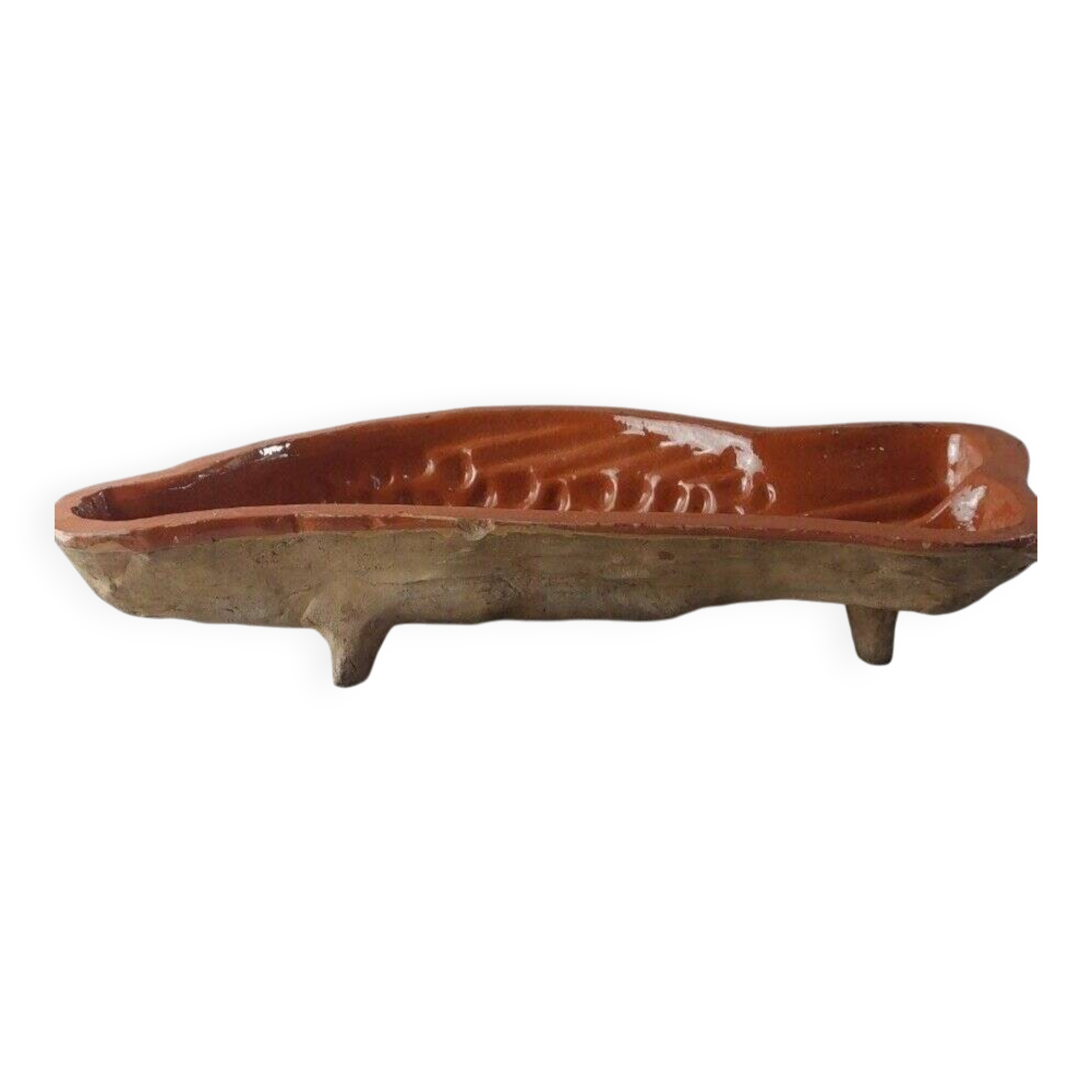 Old glazed terracotta mold, fish shape, Alsace