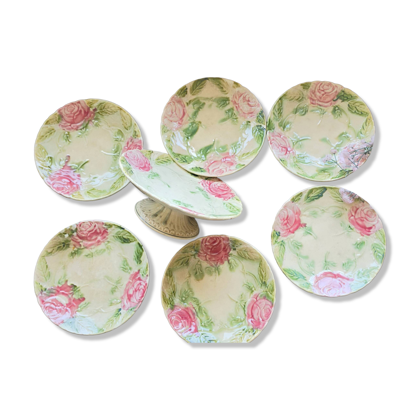 Exclusive antique dessert service in faience/terracotta with slip from 1900.