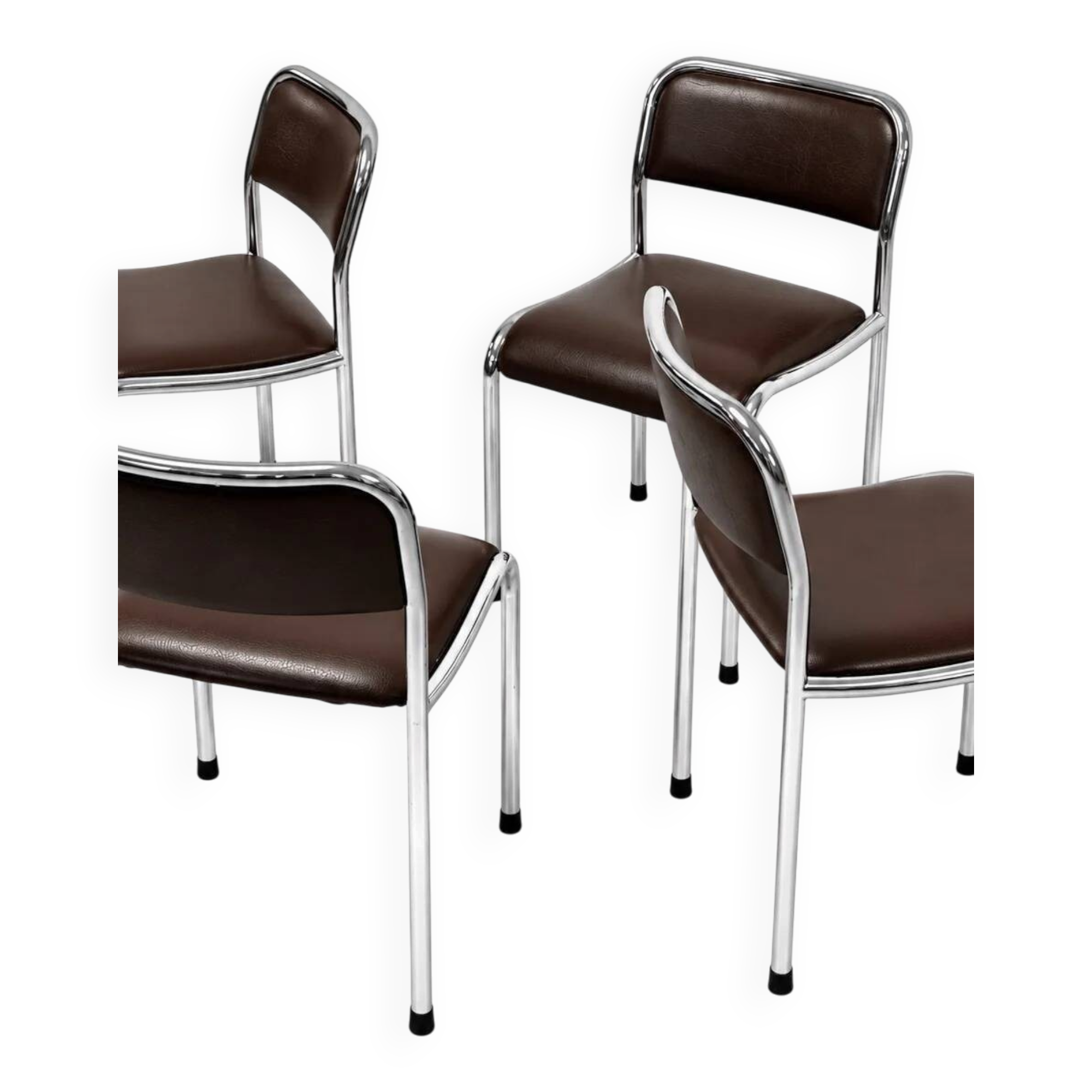 Set of 4 vintage dining chairs in chrome, brown faux leather, 1970s.