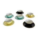 6 multicolored cups and saucers, pearly interior