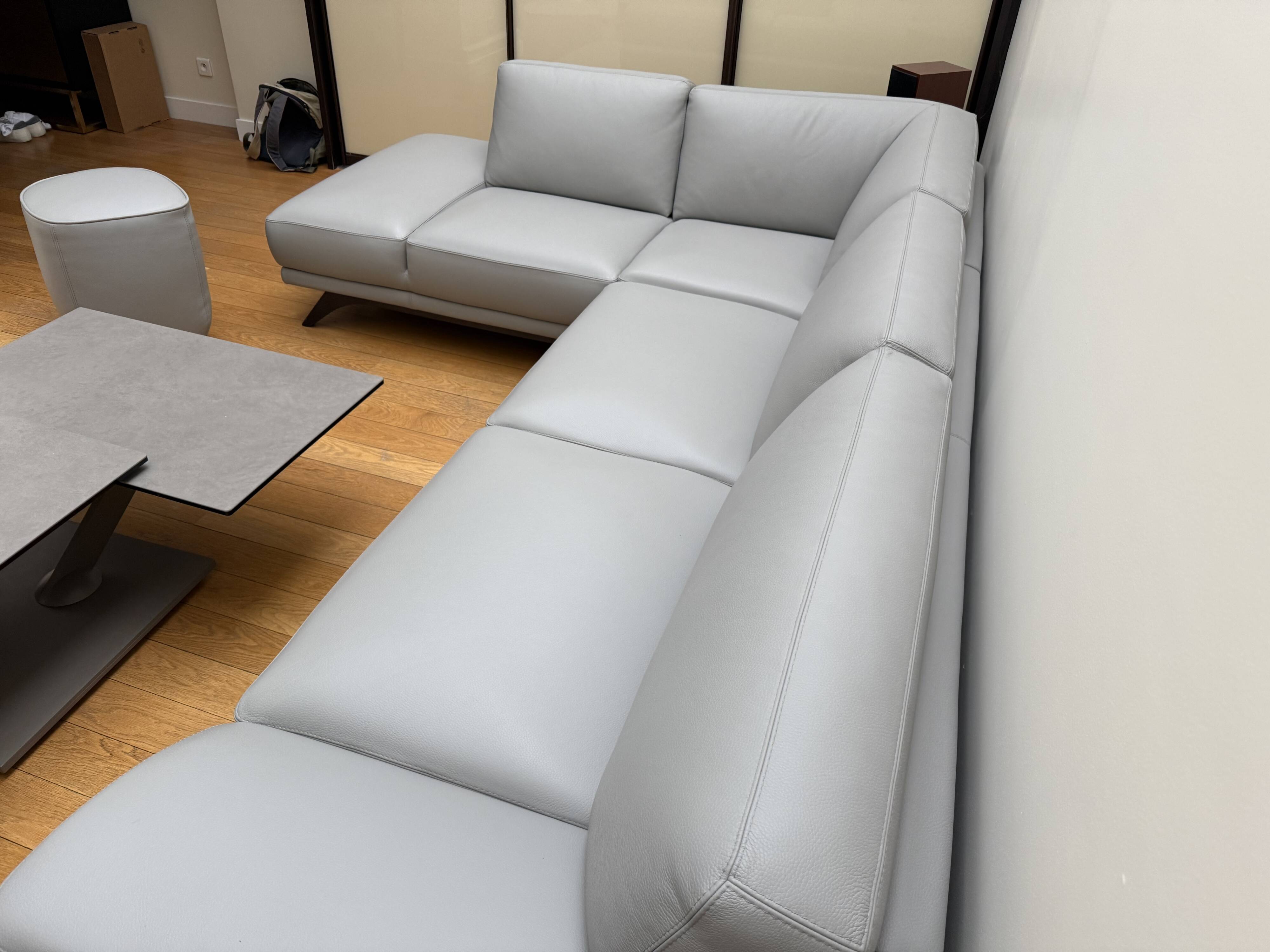 Roche bobois evidence corner sofa medium grey and 3 poufs
