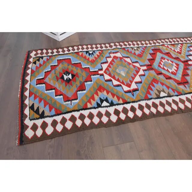 1970s Vintage Turkish Hand-Knotted Wool Cotton Red Runner Rug 93x355