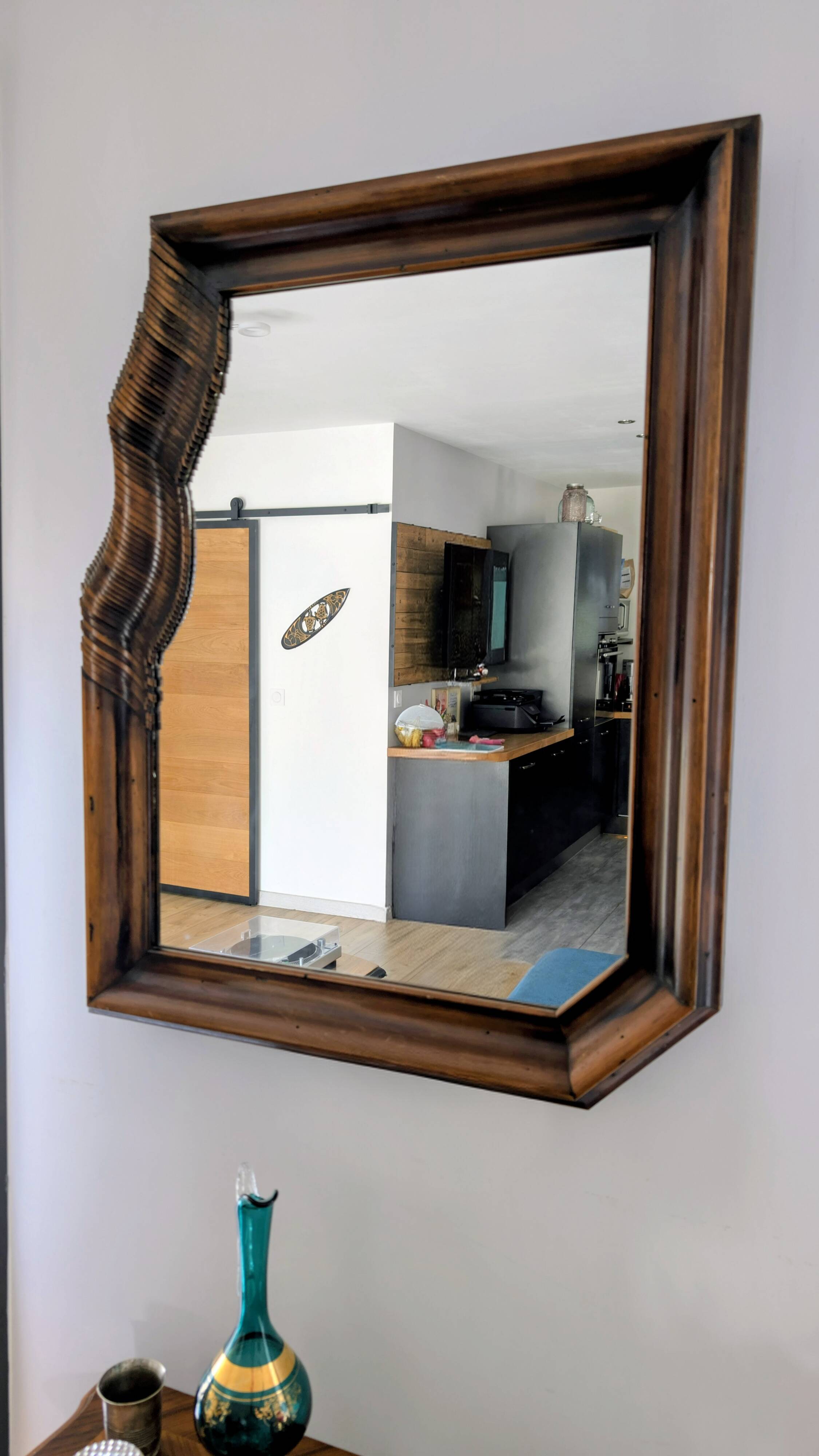 Large wooden wall mirror - wavy carving and natural patina