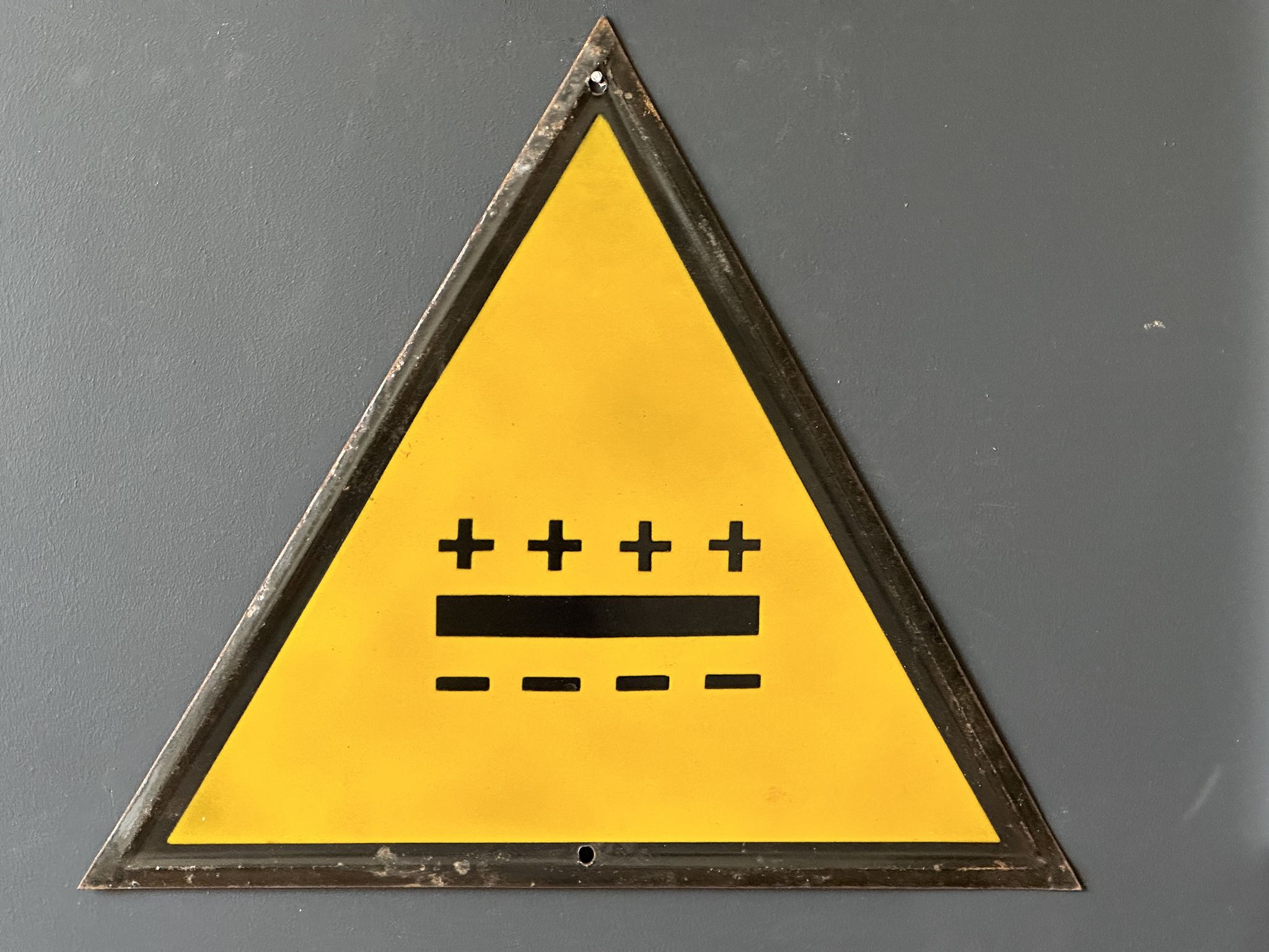 Battery yellow warning sign vintage european 1980's industrial big enamel