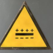 Battery yellow warning sign vintage european 1980's industrial big enamel