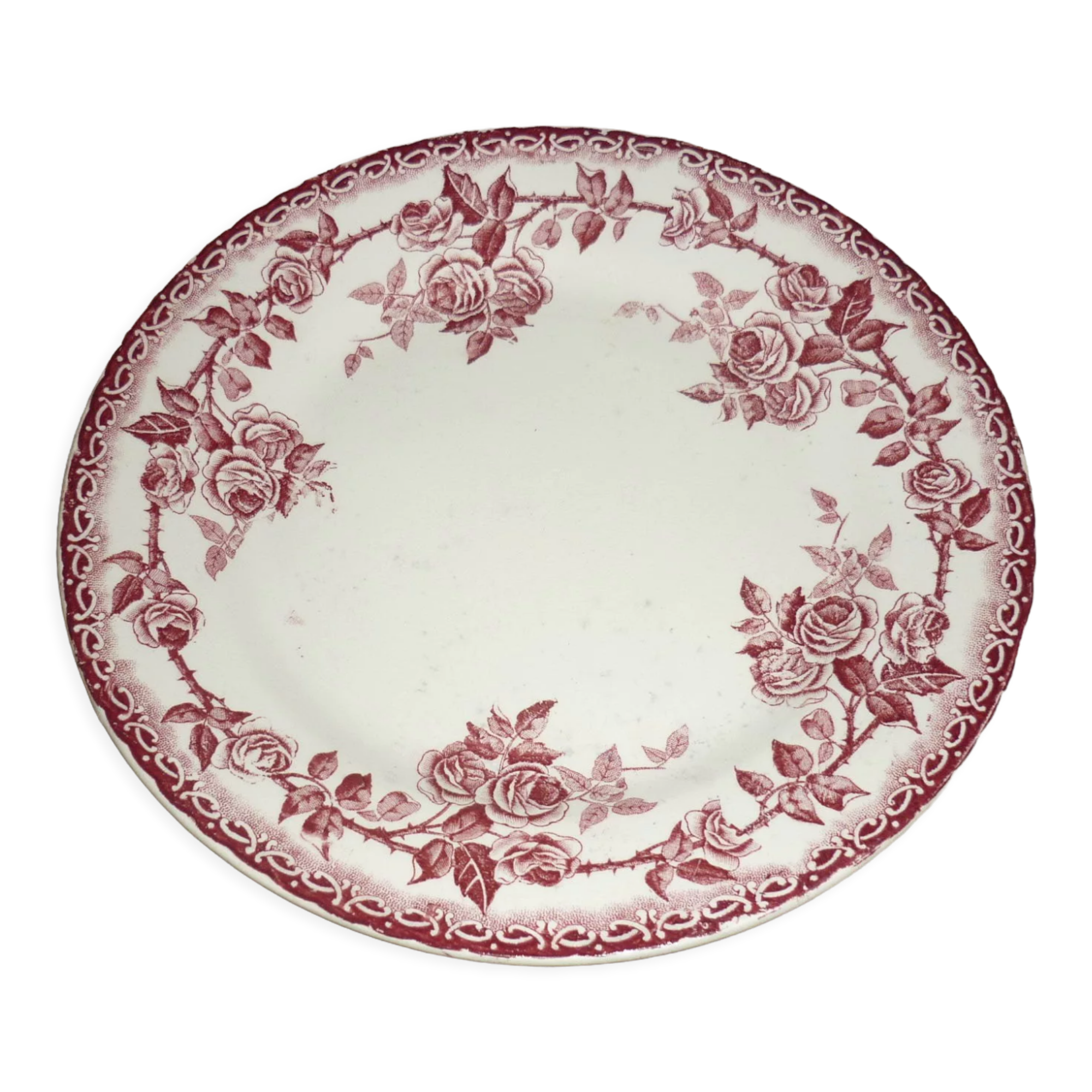 Beige earthenware plate with rose decoration and red garlands