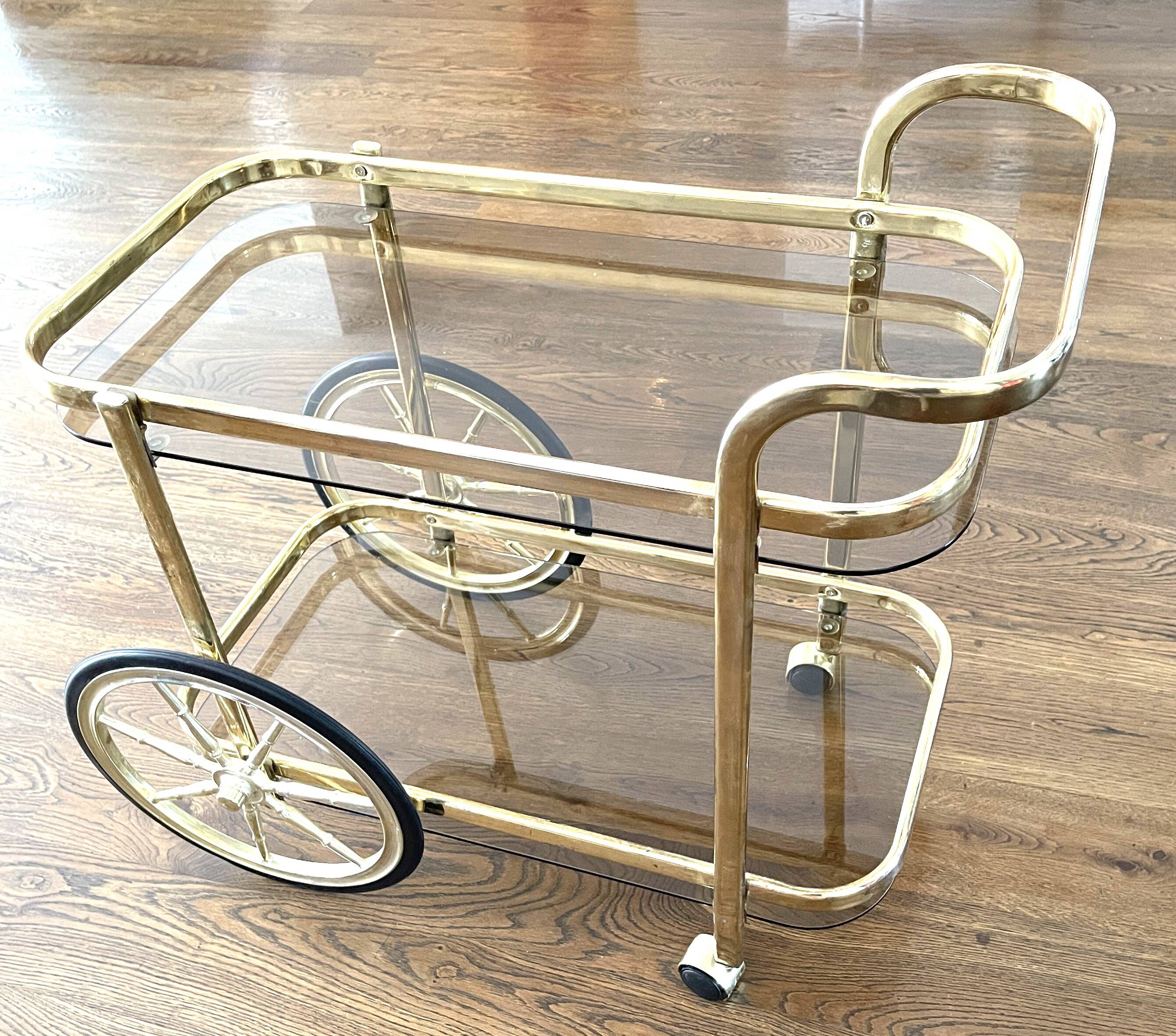 Brass and smoked glass bar trolley, 2 trays