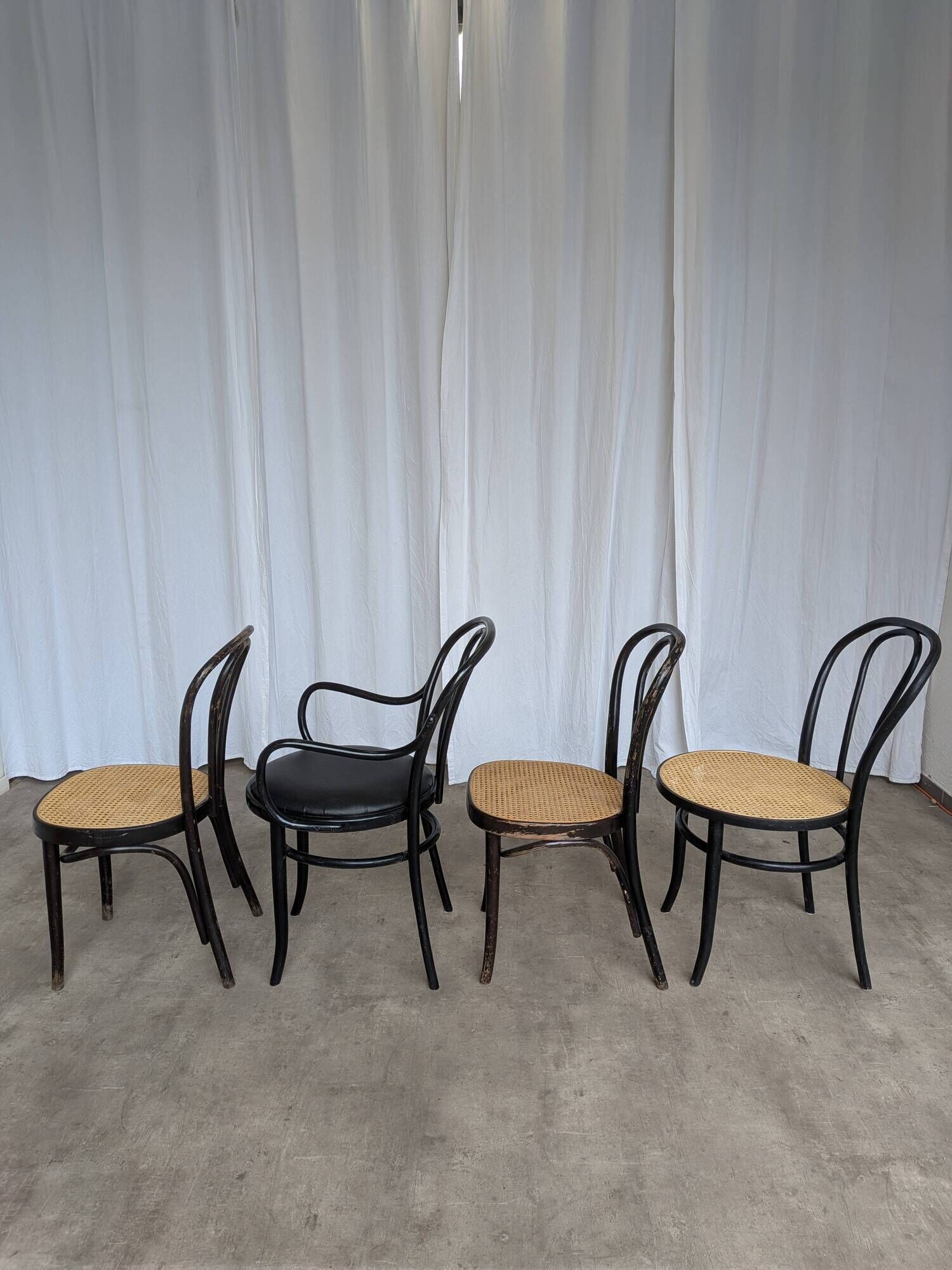 Set of 4 Mix&Match Thonet Style Dining Chairs / Black Bentwood Cane Chairs