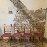 Set of 4 vintage Scandinavian style chairs with old pink velvet seat