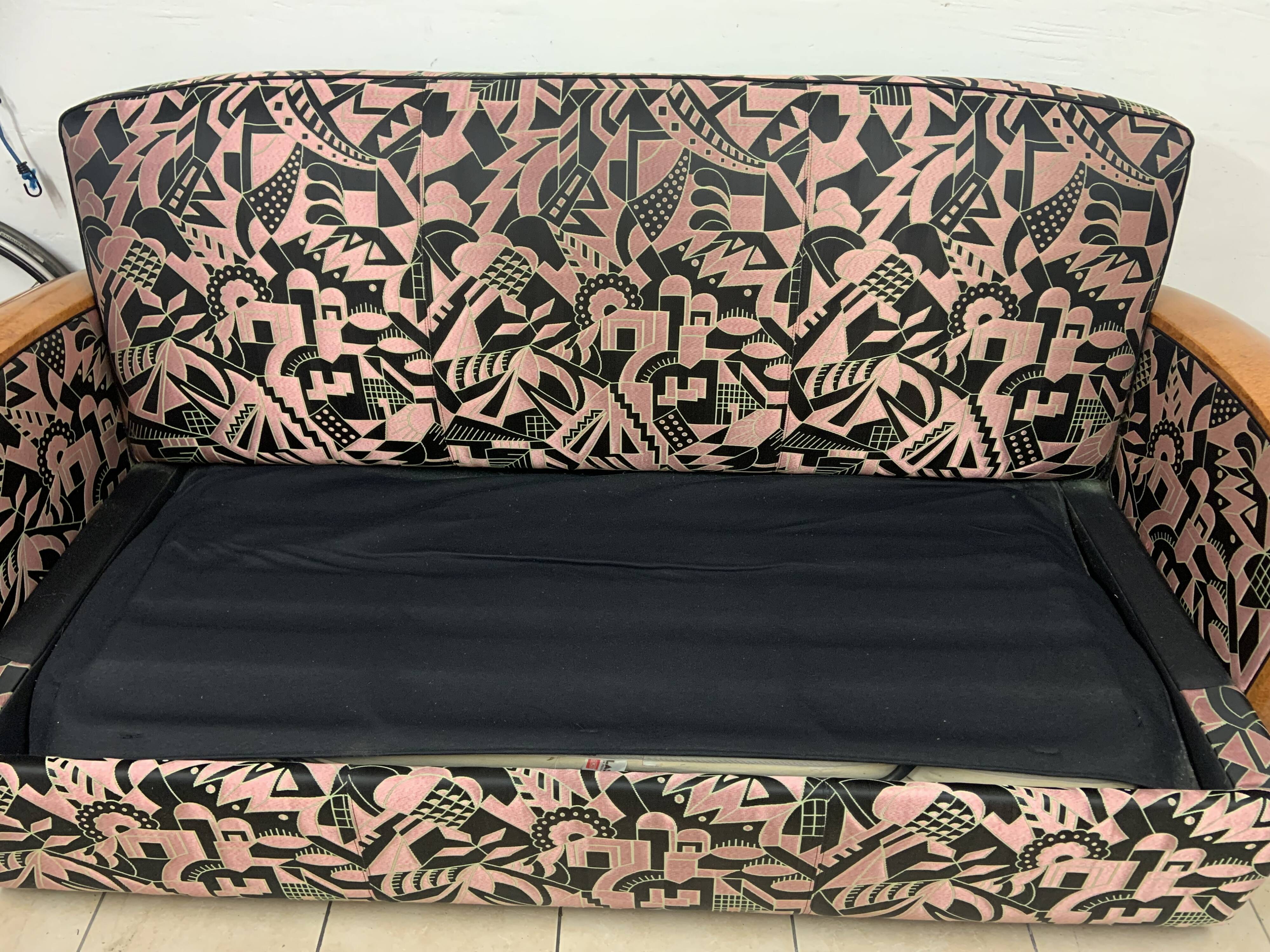 Convertible sofa and Art Deco armchair in Lelievre fabric.