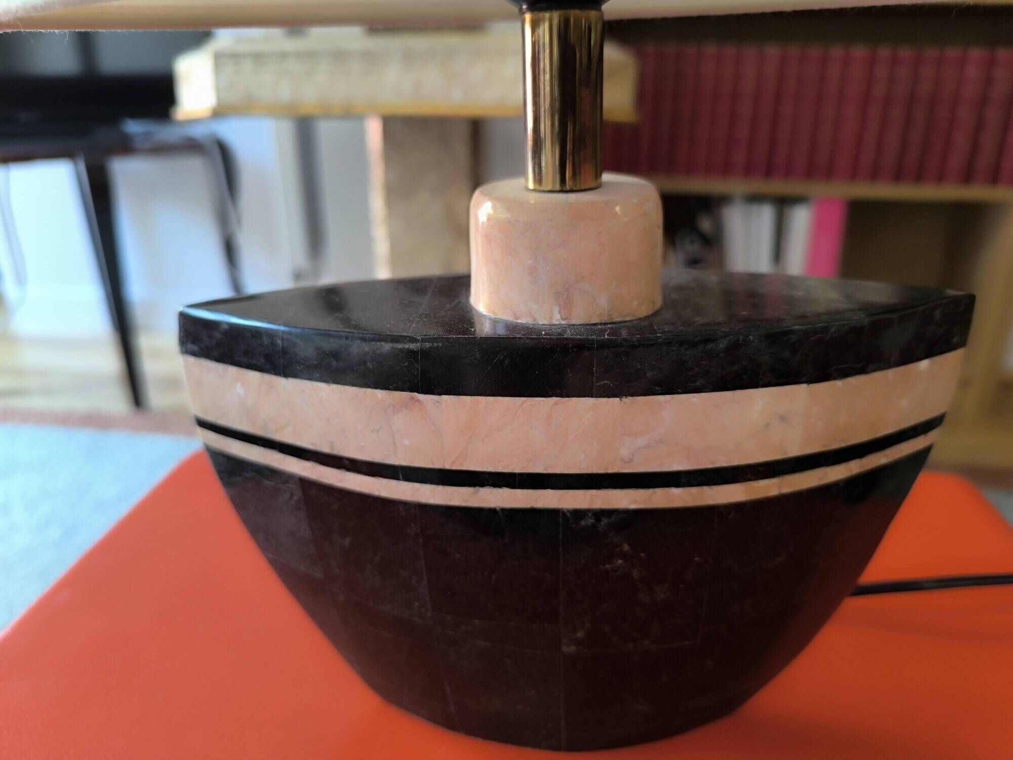 Table lamp in black and pink stone marquetry with a silk shade.