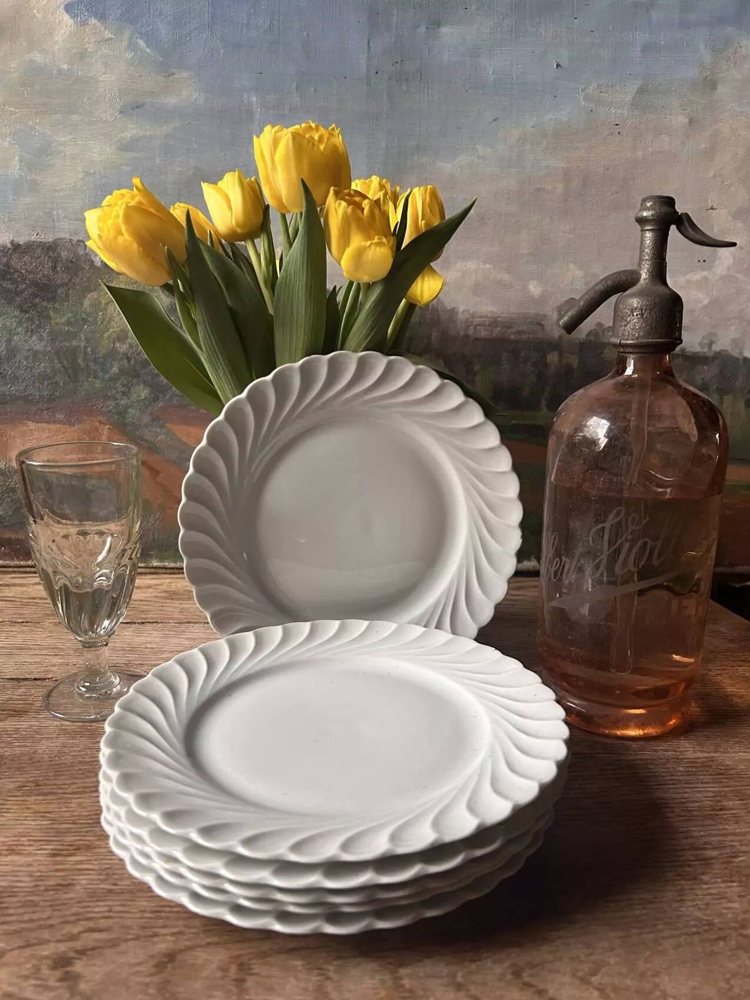 Set of 6 antique twisted white porcelain plates, a beautiful timeless classic.