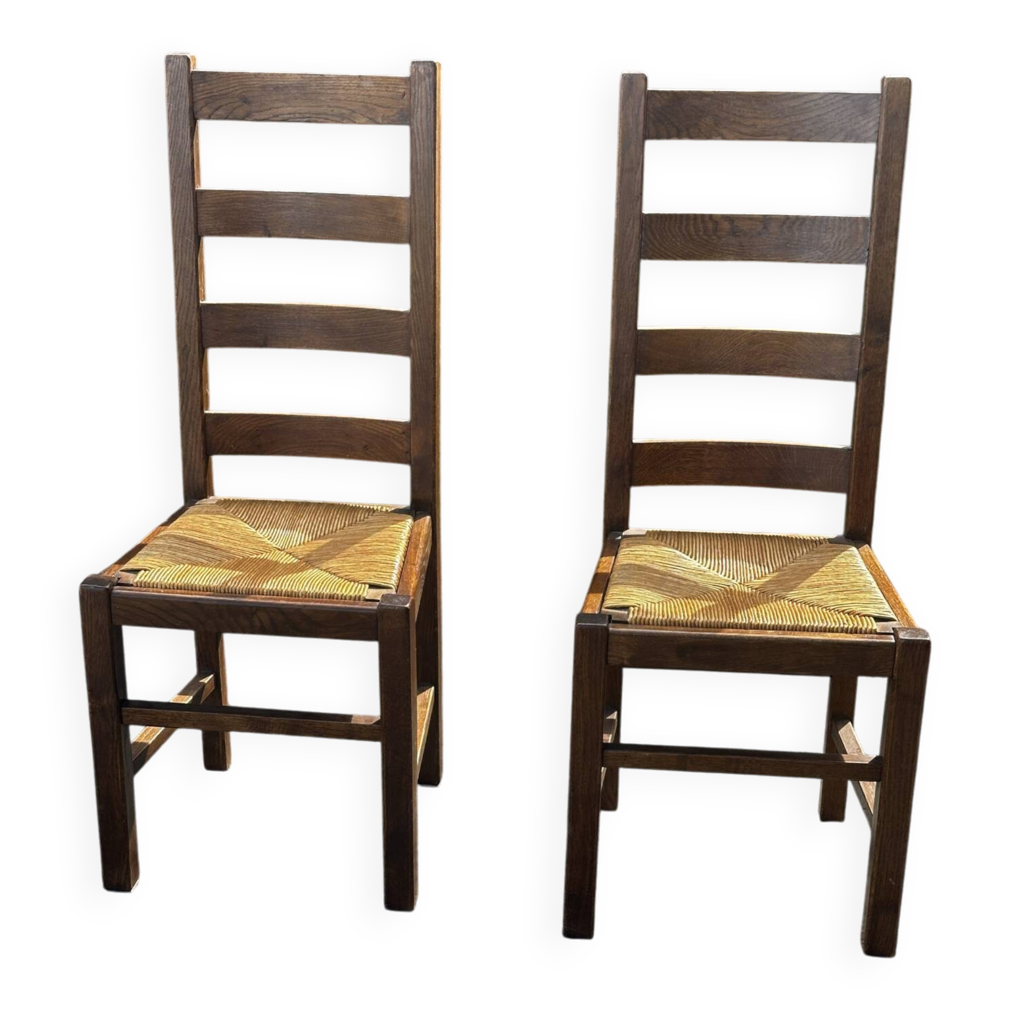 Paire de chaises en chêne et paille – années 50