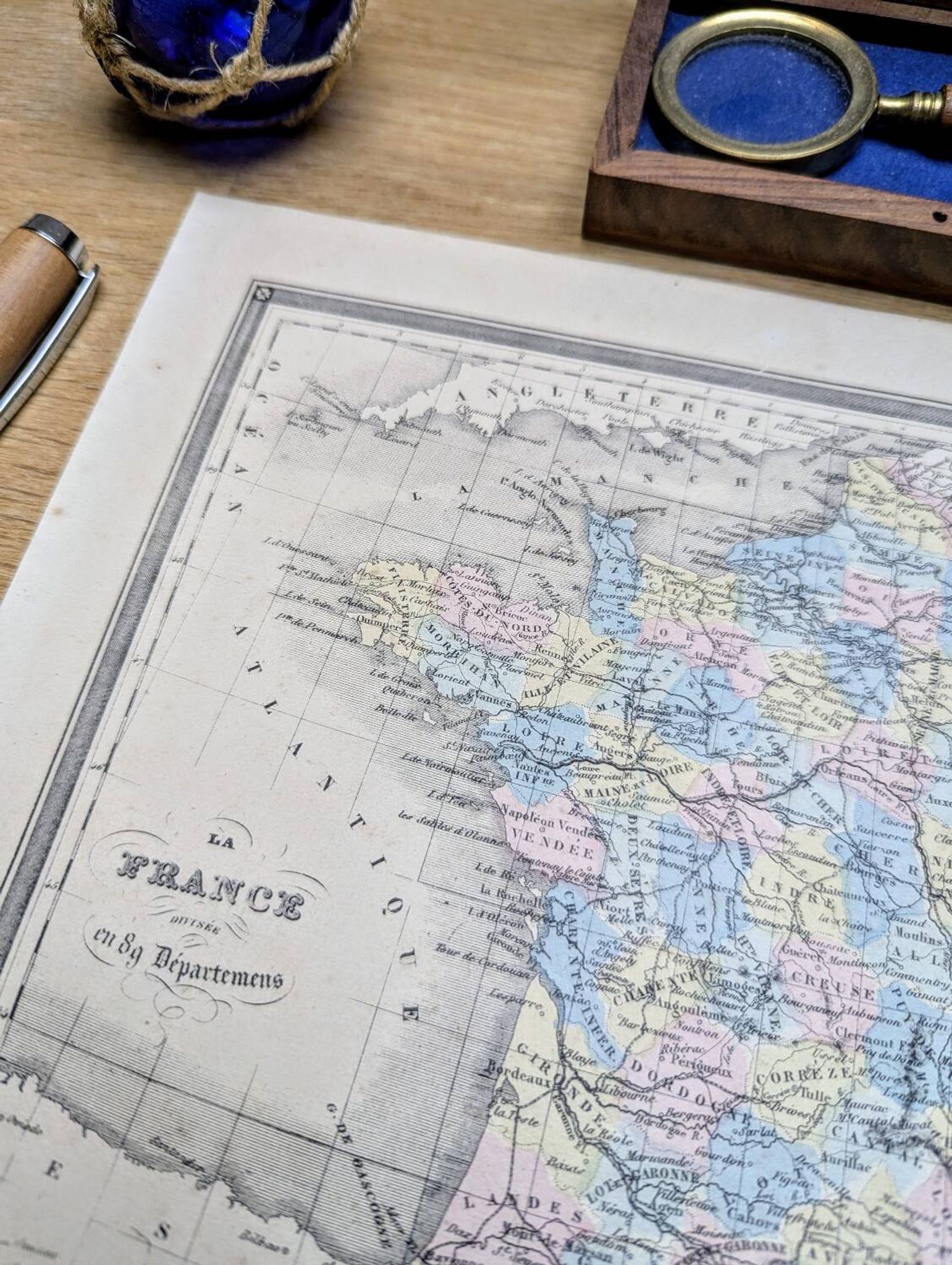 France and departments, old map, printed in 1852. Authentic.