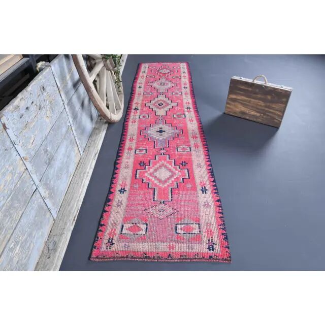 Vintage Turkish Oushak Handmade Wool Cotton Pink Runner Rug 81x337