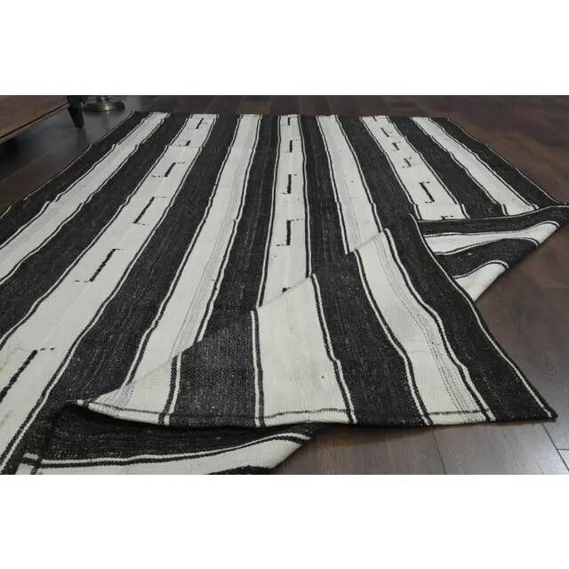 Black Beige Kilim Handmade Wool Antique Area Rug 186x291