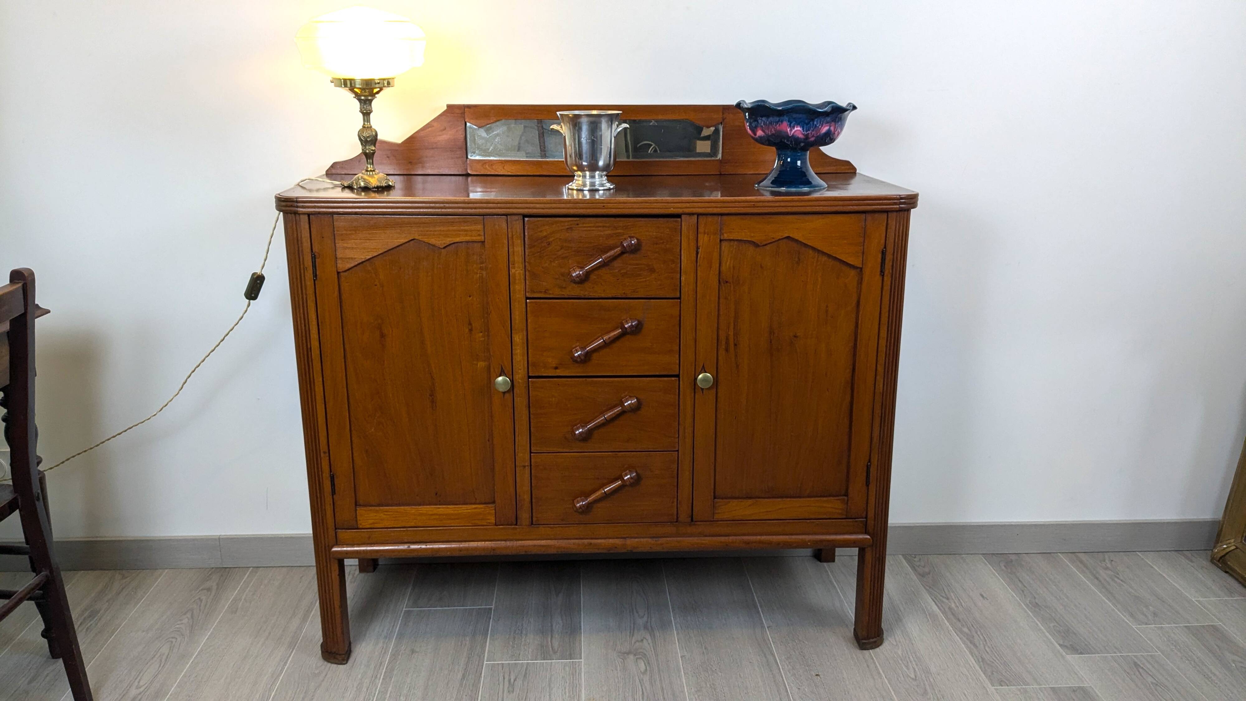 Art Deco mahogany sideboard – 4 drawers, 2 doors, beveled mirror, 1930s