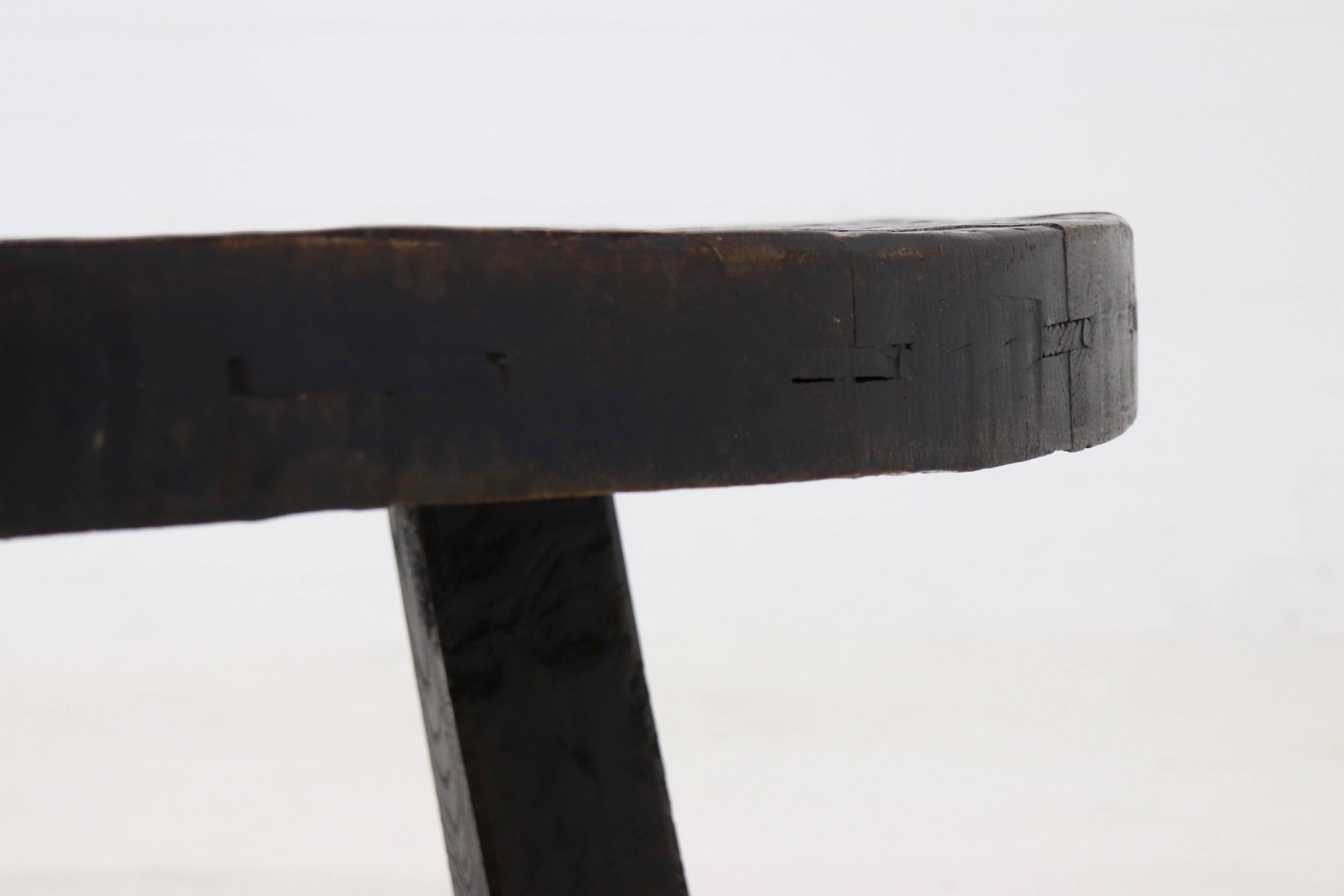 Brutalist Solid Stained Oak Round Tripod Coffee Table 1970s