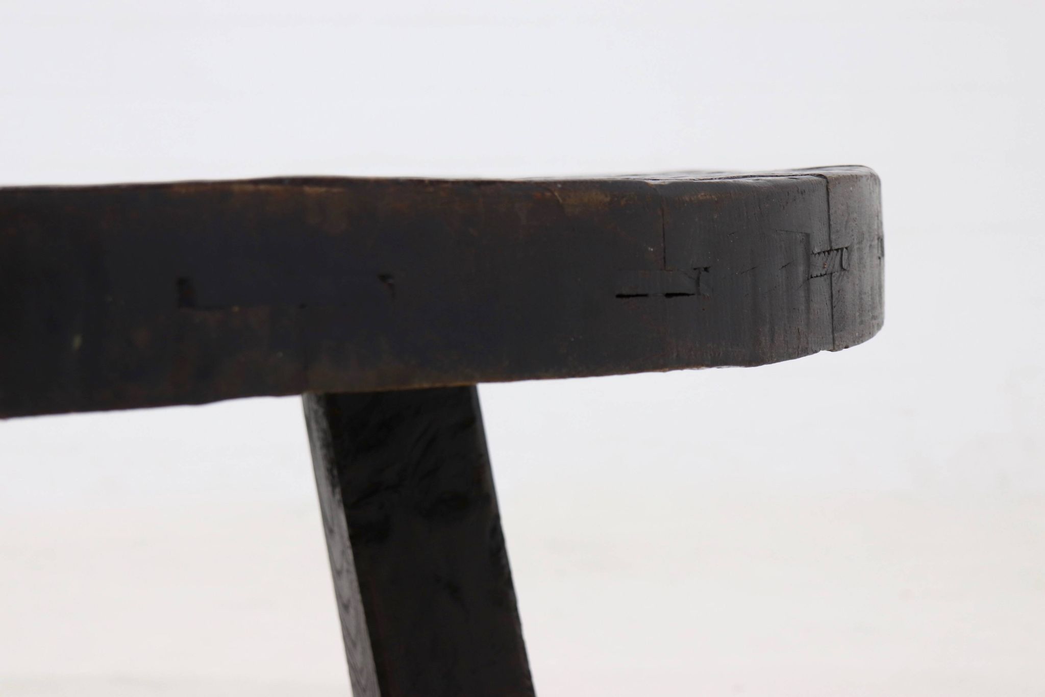 Brutalist Solid Stained Oak Round Tripod Coffee Table 1970s