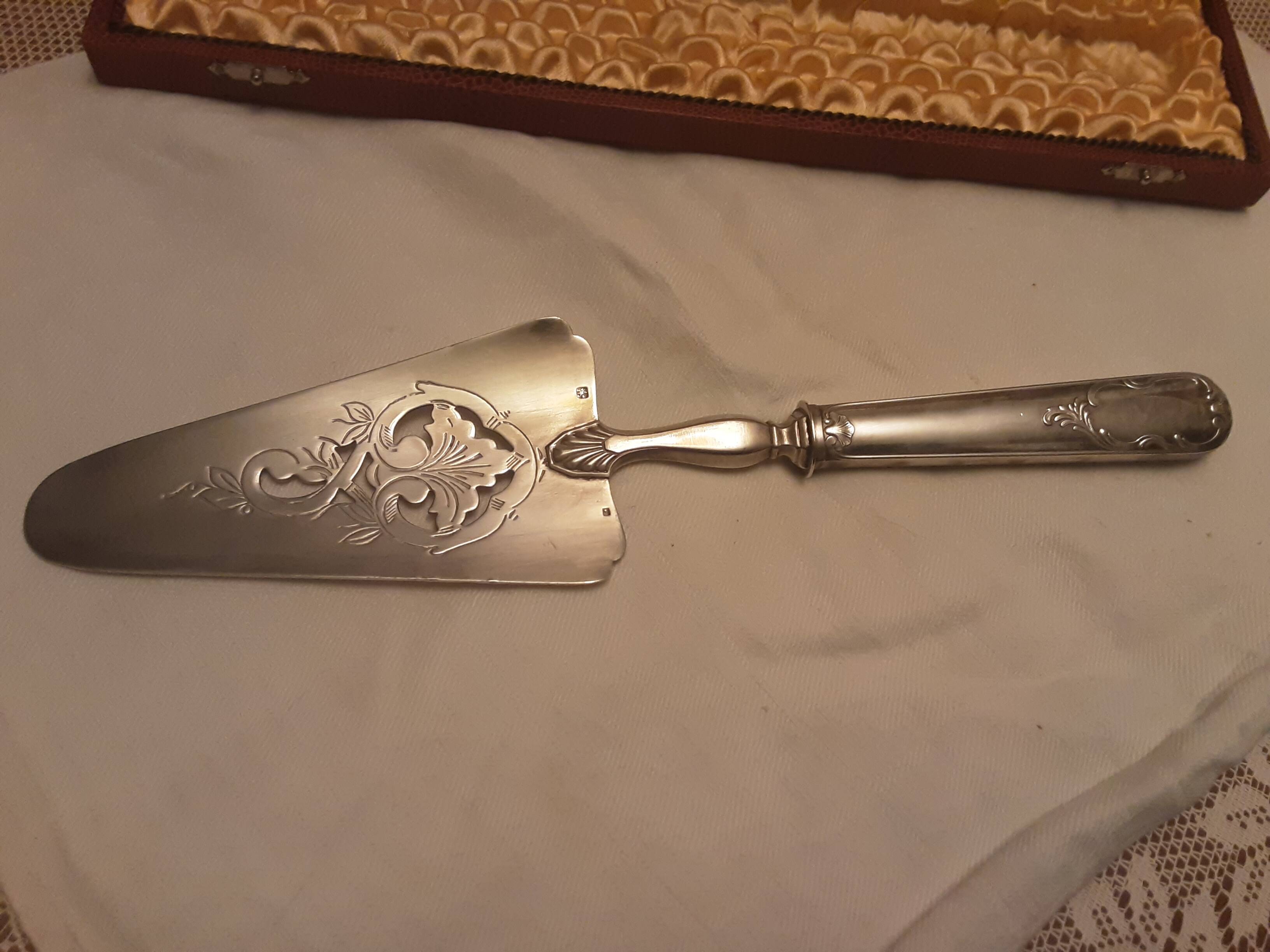 Painted silver metal cake peel in its box