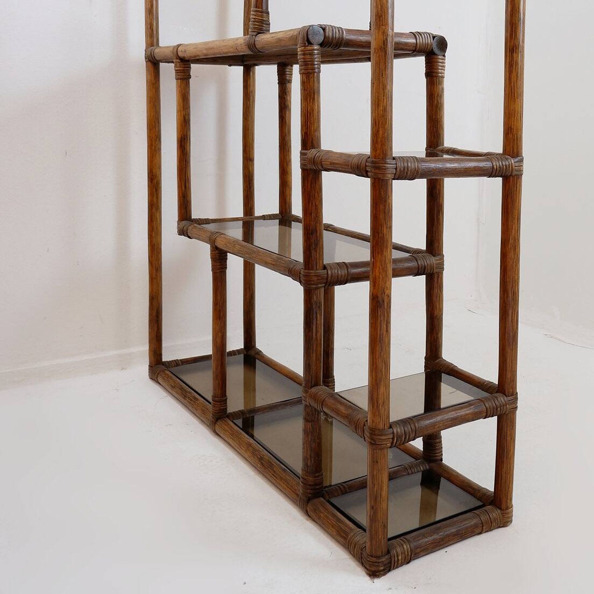Asymmetrical shelf in bamboo and smoked glass - 1970s