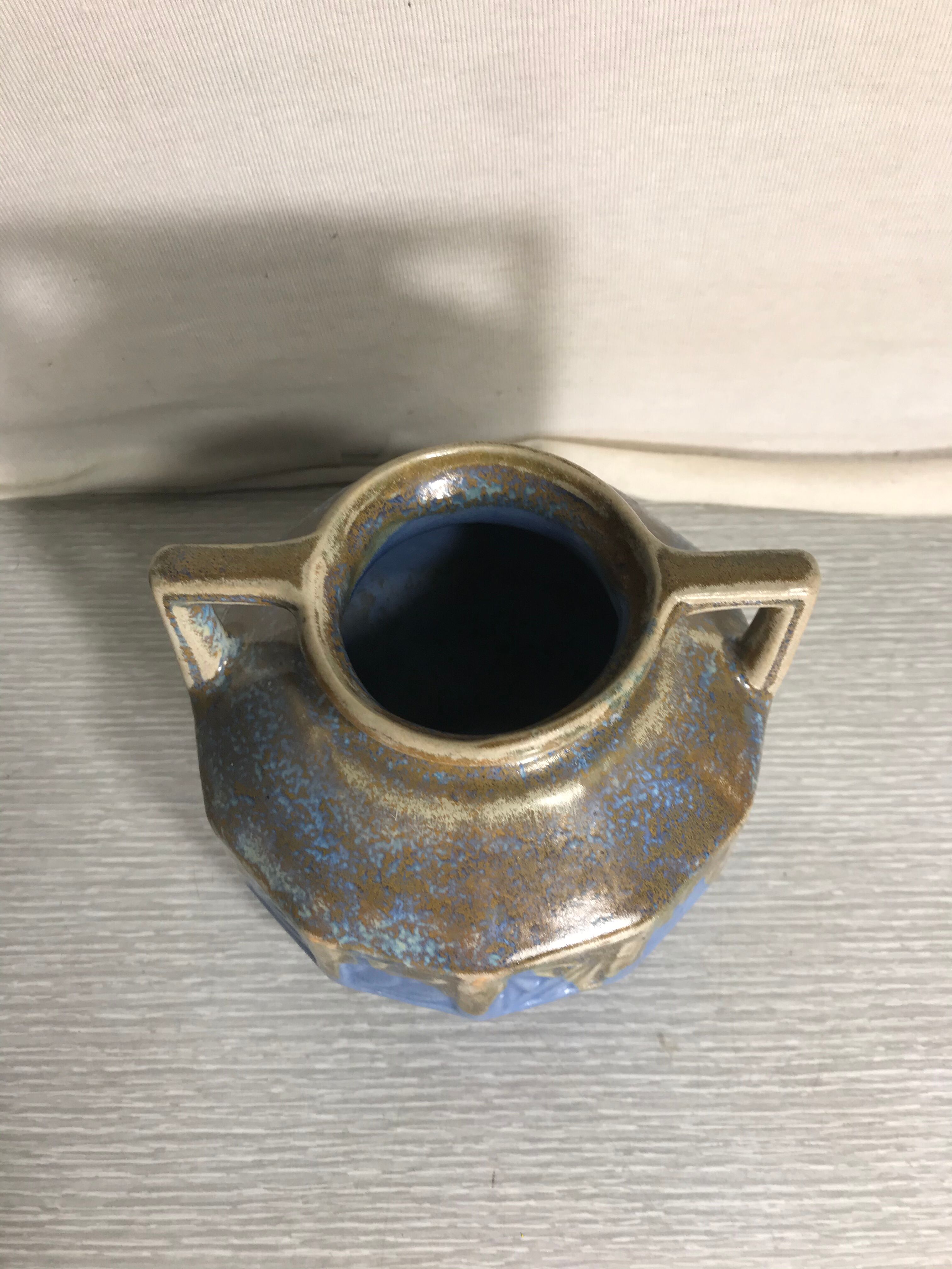 Ancient ART DECO Ceramics Blue Beige Vase Anses 30 Vintage