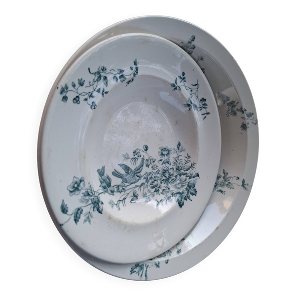 Ancien lot de 2 plats terre de fer longwy – décor oiseaux et fleurs