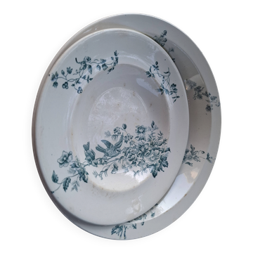 Old set of 2 terre de fer longwy dishes – bird and flower decoration