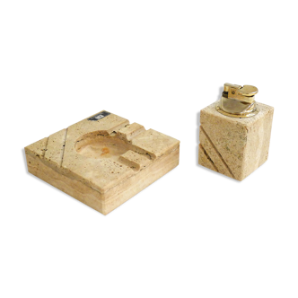 Set ashtray and table lighter in travertine Italy 1960s