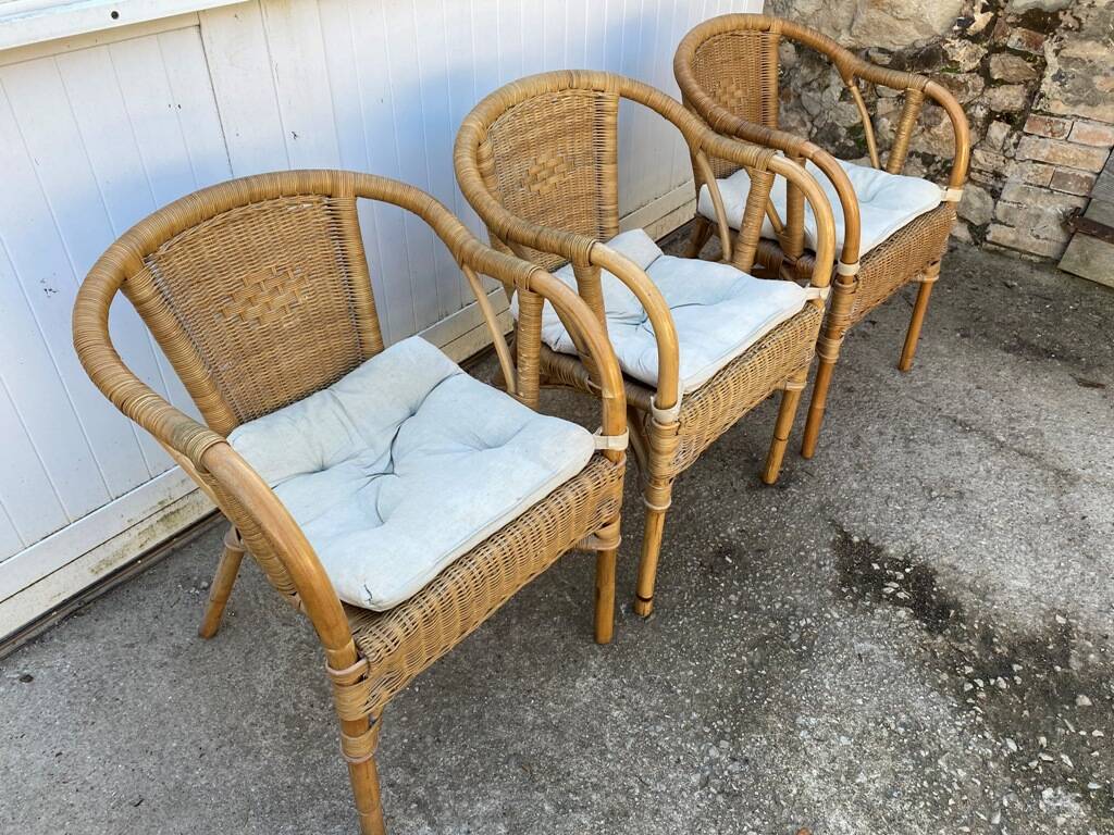 Set of 3 vintage rattan and wicker armchairs