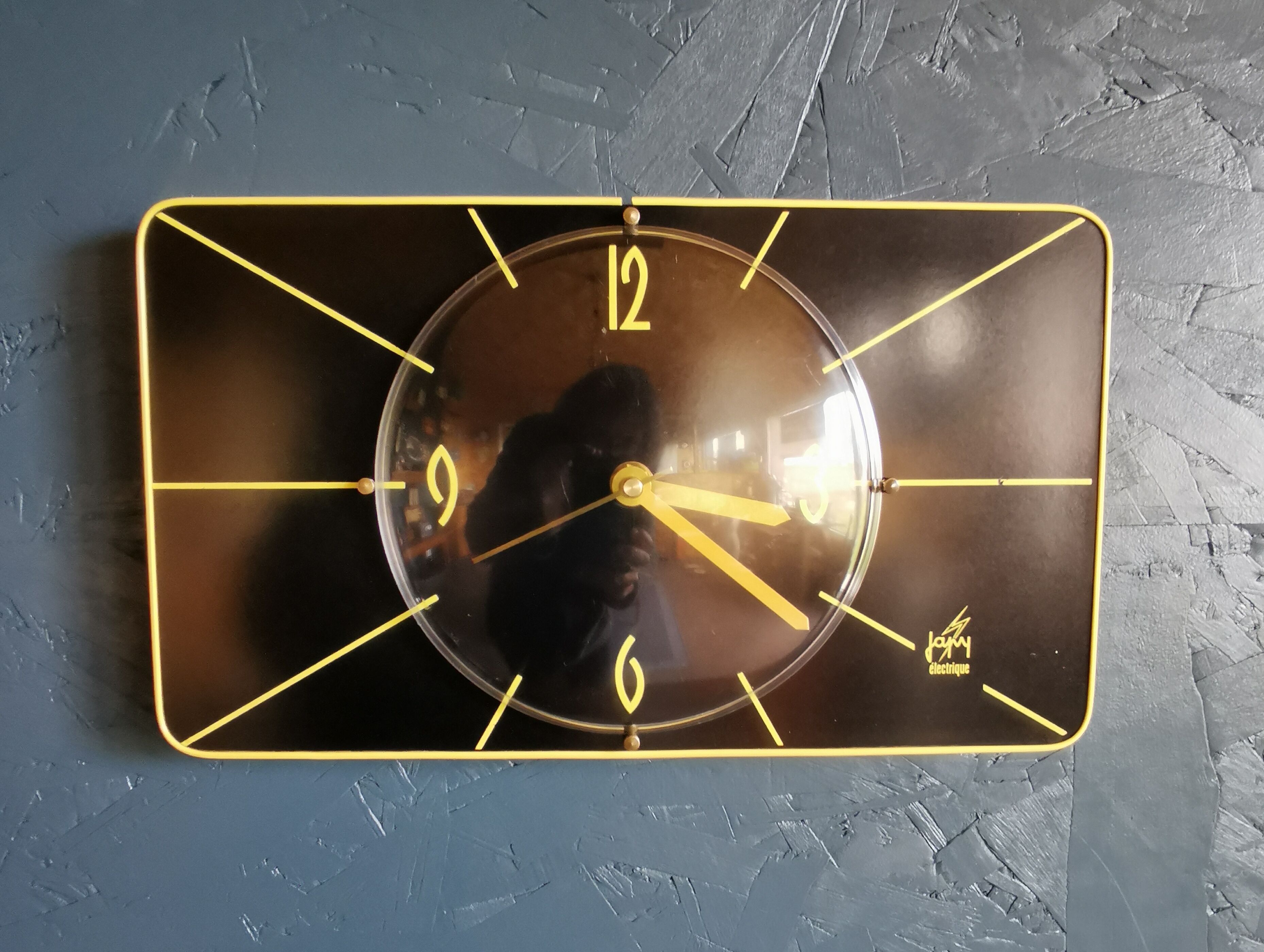 Vintage formica clock silent rectangular wall clock "Japy electric black yellow"