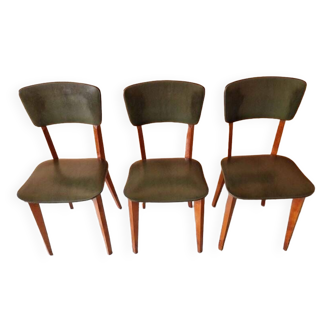 Set of 3 vintage 60s chairs in olive green leatherette