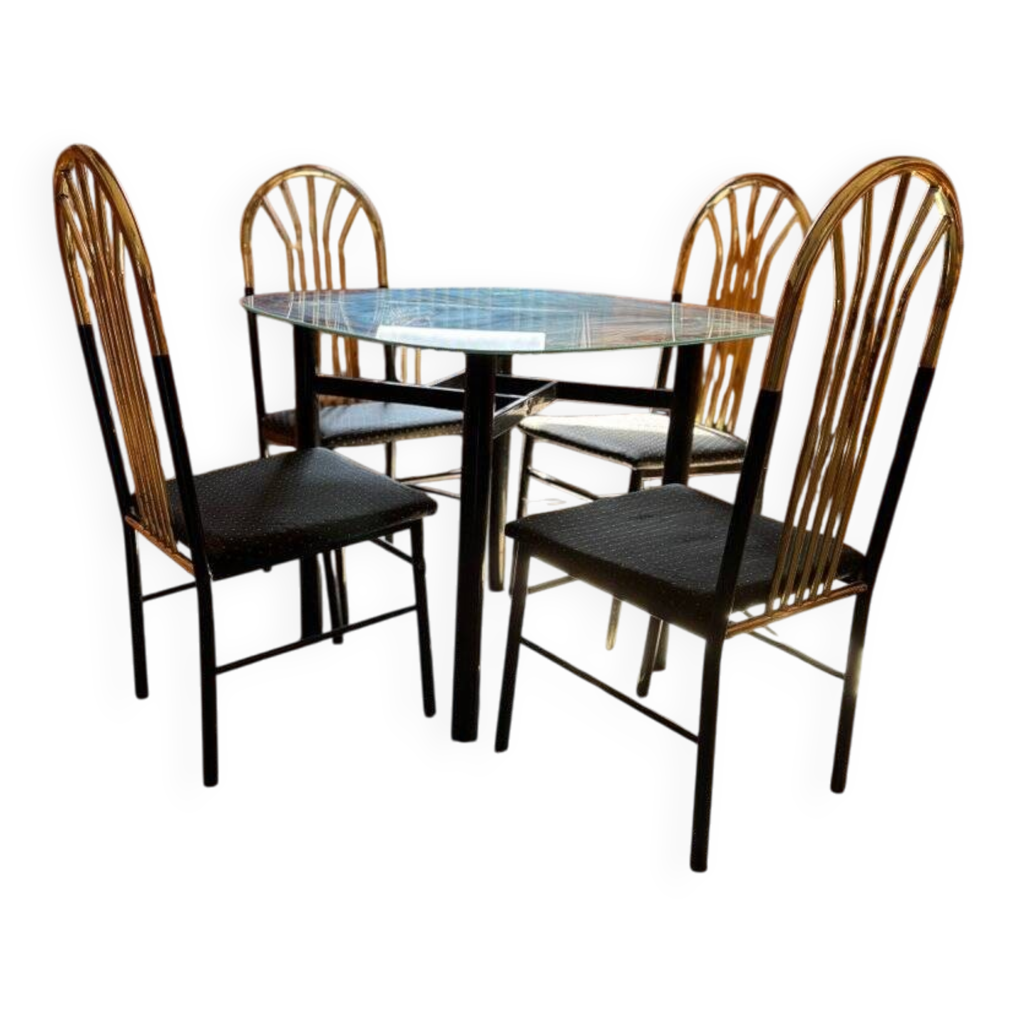 Ensemble salle à manger vintage 1970s noir & laiton, bois et plateau verre - set de 5
