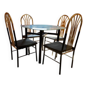 Vintage 1970s dining set in black & brass, wood and glass top - set of 5