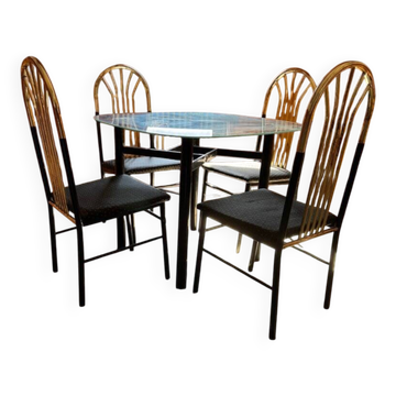 Vintage 1970s dining set in black & brass, wood and glass top - set of 5