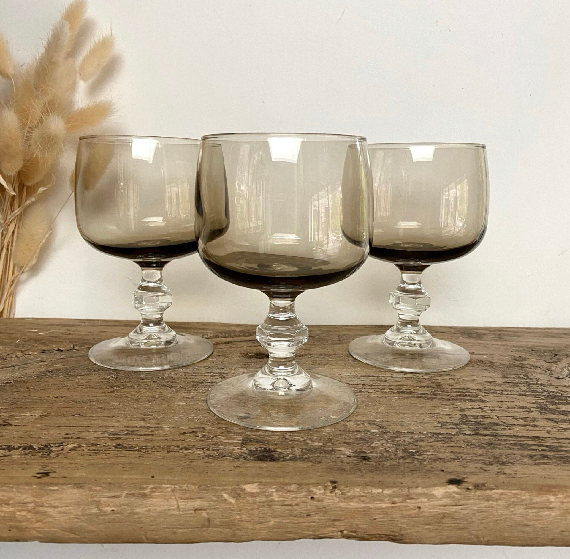 6 vintage smoked stemmed glasses