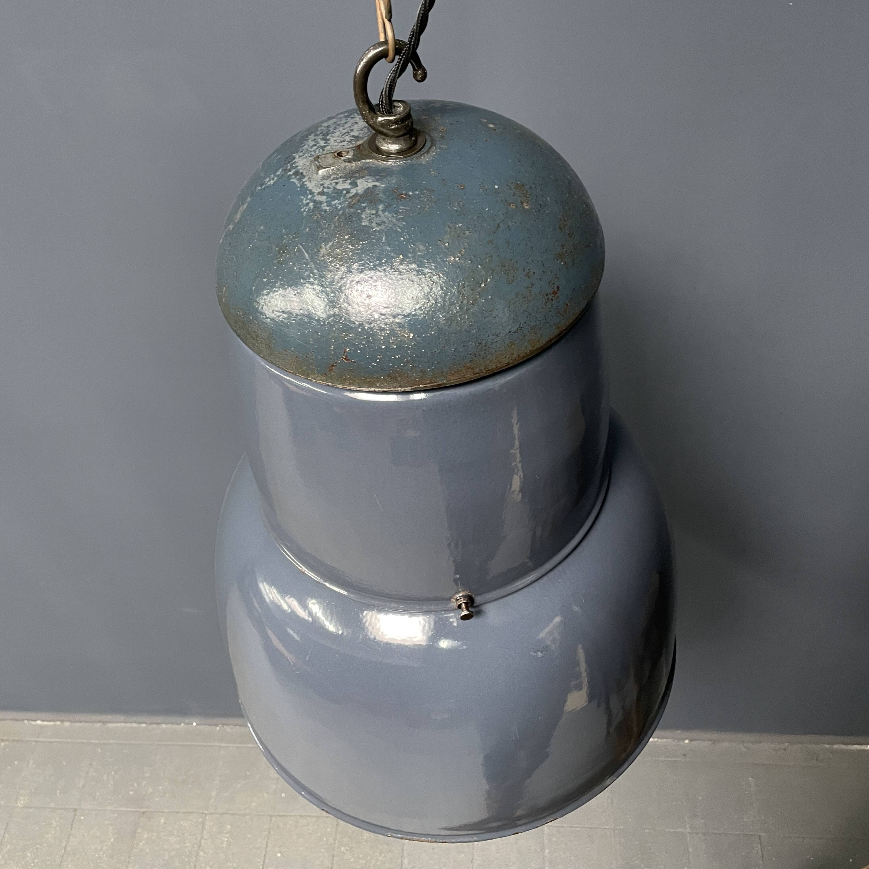 Large old industrial blue-gray enamel pendant lamp