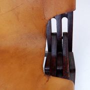Fauteuil pliant en cuir et bois du milieu du siècle, années 1950