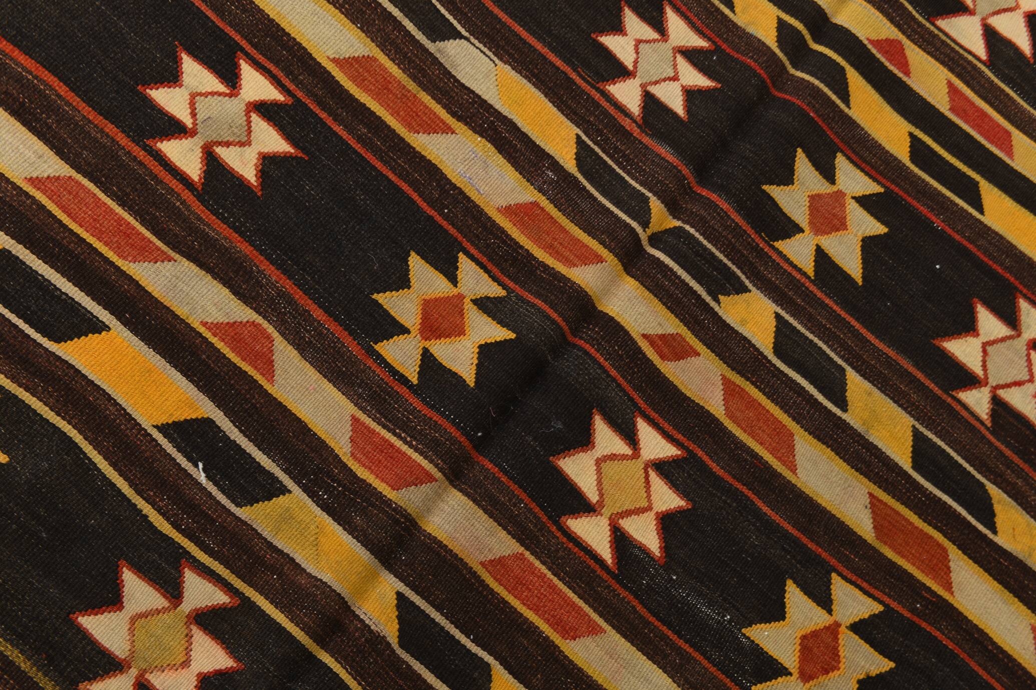 6x10 Dark Brown & Yellow Striped Handmade Wool Kilim Rug, 170x312 Cm